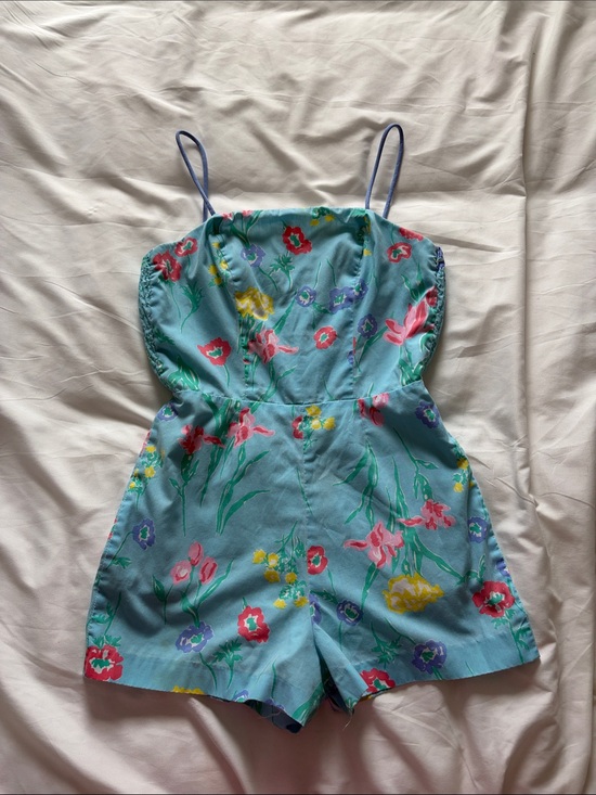Vintage Pants - Vintage Floral Blue Romper with Spaghetti Straps